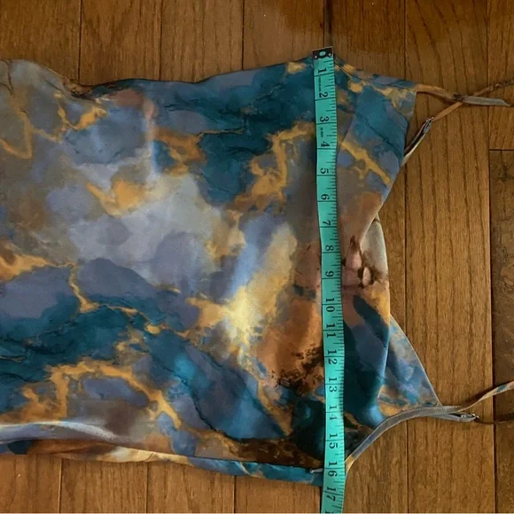 Micas Marble Print Satin Slip Dress Blue Brown Cowl Neck Midi Size M - Picture 9 of 13